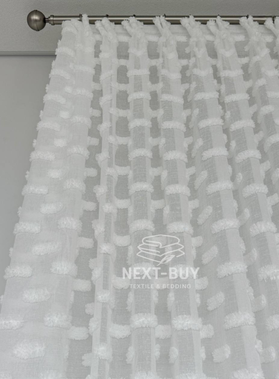 Тюль льон білосніжна з 3D м’якими помпонами Linen White Boho Chic, Туреччина