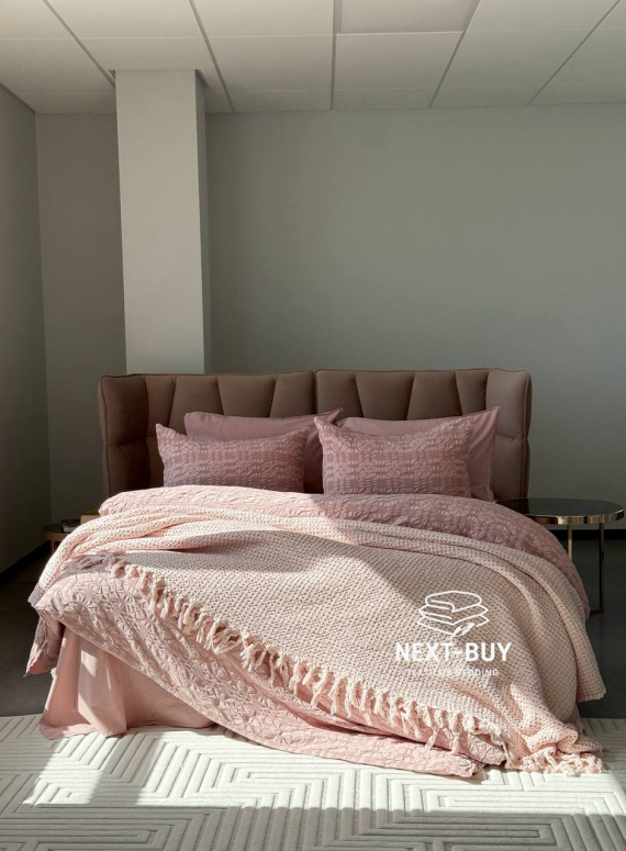 Maison D'or Paris Emeline вафельне покривало жатка з бахромою рожеве 240х260