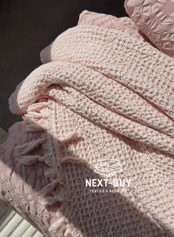 Maison D'or Paris Emeline вафельне покривало жатка з бахромою рожеве 240х260