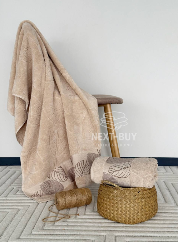 Рушники Leaf Harmony biege Туреччина набір баня + лице 100% бавовна, беж з візерунком листя