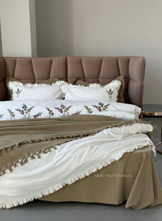 Постільна білизна з вишивкою і піке Saheser Eveline haki євро 200х220