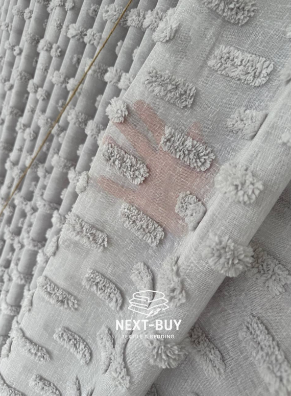 Тюль льон сірий з 3D м’якими помпонами Linen Grey Boho Chic Туреччина