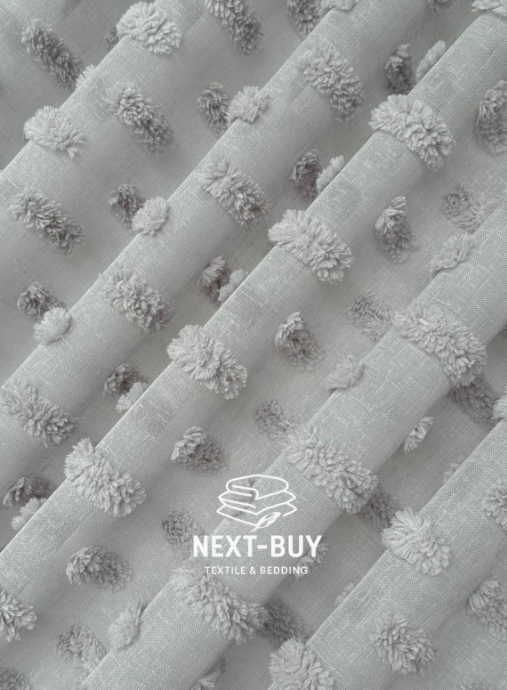 Тюль льон сірий з 3D м’якими помпонами Linen Grey Boho Chic Туреччина