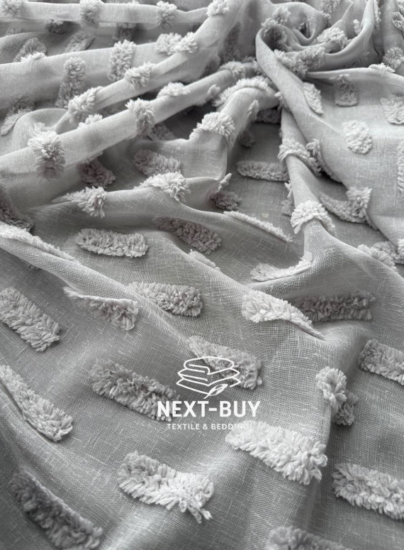 Тюль льон сірий з 3D м’якими помпонами Linen Grey Boho Chic Туреччина