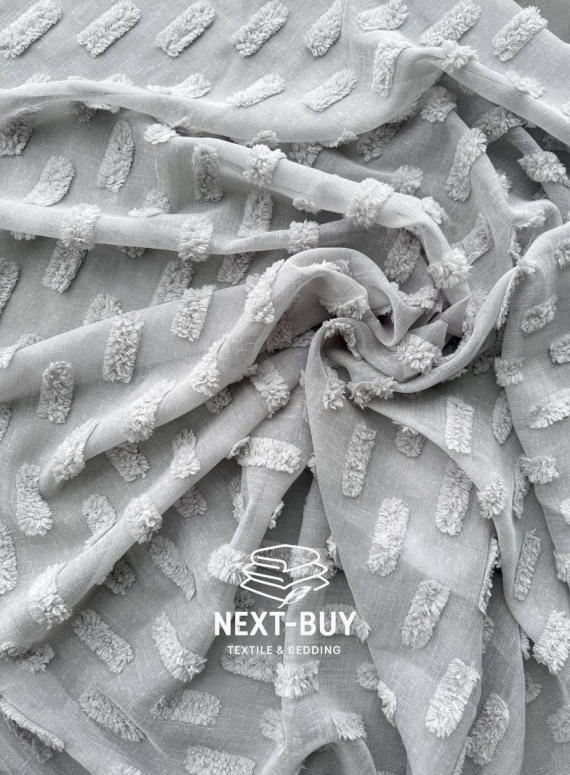 Тюль льон сірий з 3D м’якими помпонами Linen Grey Boho Chic Туреччина