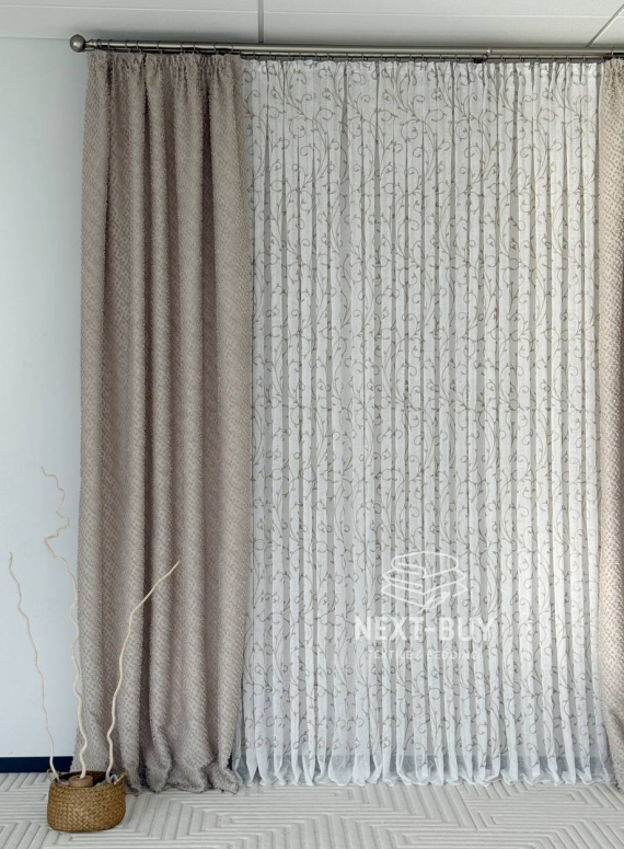 Тюль льон натуральний білий з аплікацією Brown Natural Leaf Embroidery Туреччина