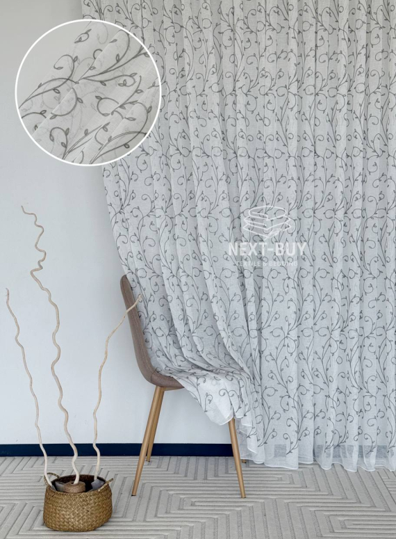 Тюль Gray Natural Leaf Embroidery – білий льон із сірим візерунком (Туреччина)