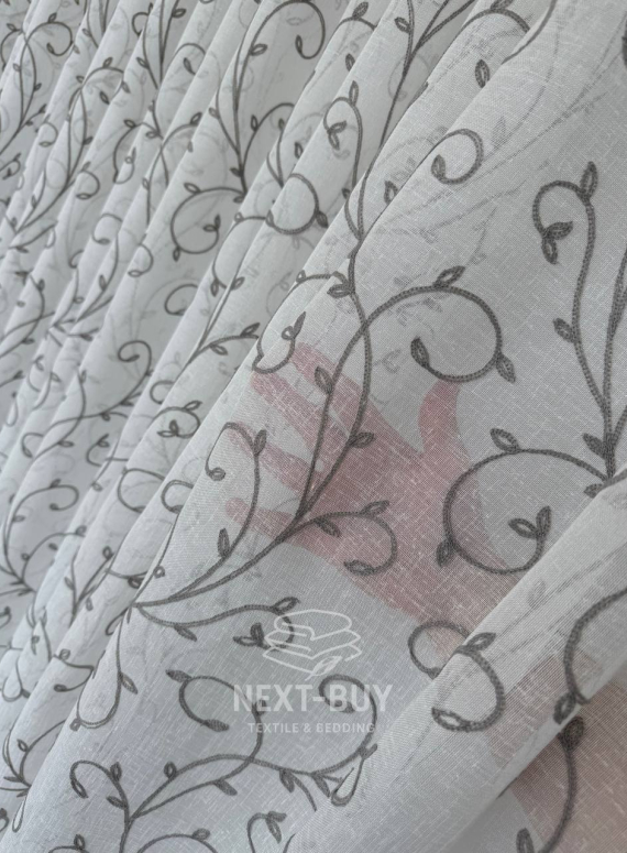 Тюль Gray Natural Leaf Embroidery – білий льон із сірим візерунком (Туреччина)