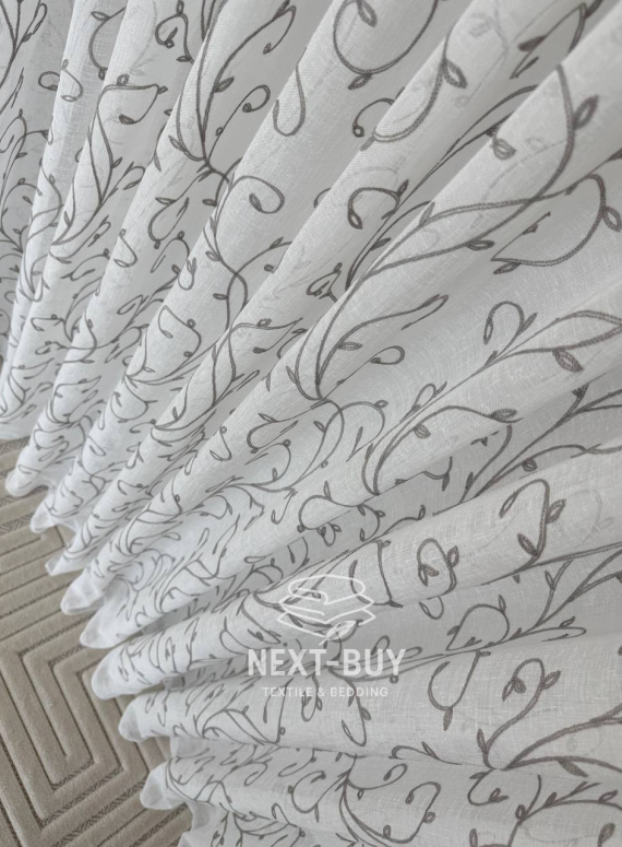 Тюль Gray Natural Leaf Embroidery – білий льон із сірим візерунком (Туреччина)