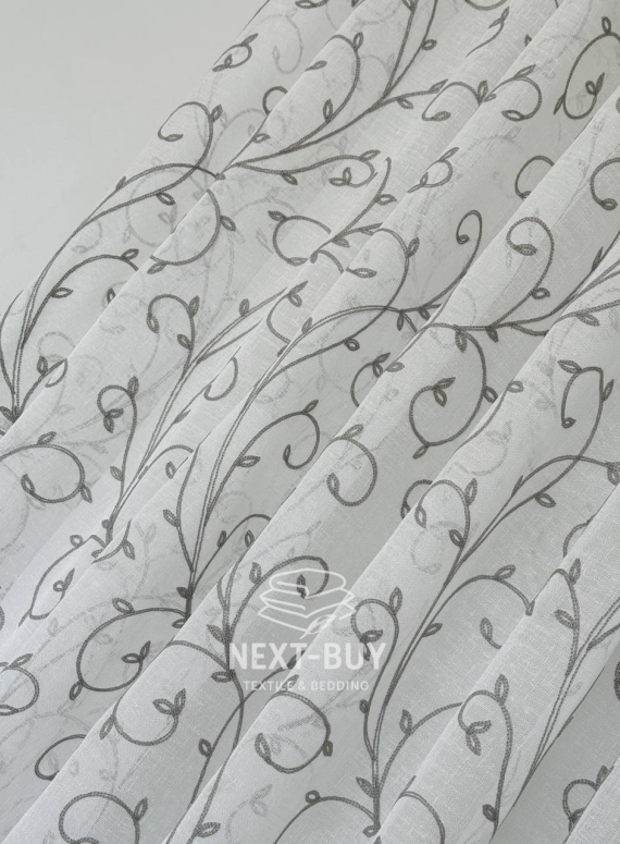 Тюль Gray Natural Leaf Embroidery – білий льон із сірим візерунком (Туреччина)