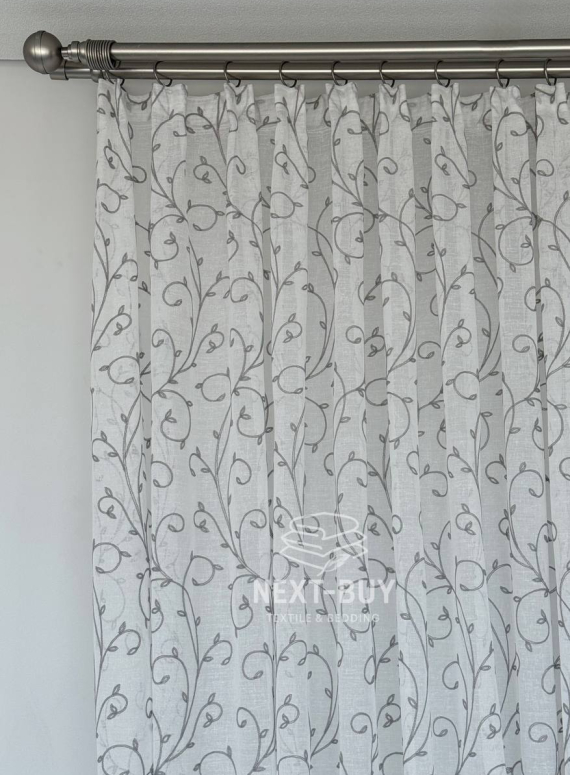 Тюль Gray Natural Leaf Embroidery – білий льон із сірим візерунком (Туреччина)