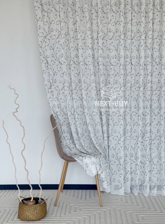 Тюль Gray Natural Leaf Embroidery – білий льон із сірим візерунком (Туреччина)