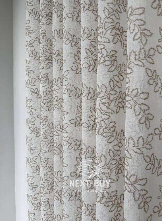 Тюль білий льон з бежевим візерунком Autumn Leaves – Туреччина