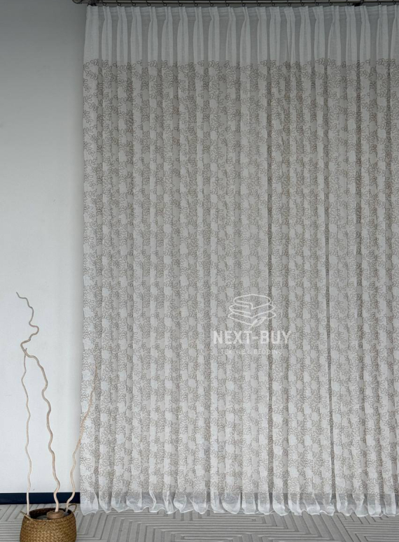 Тюль білий льон з бежевим візерунком Autumn Leaves – Туреччина