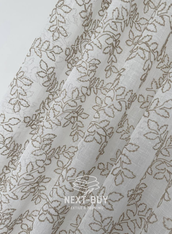 Тюль білий льон з бежевим візерунком Autumn Leaves – Туреччина