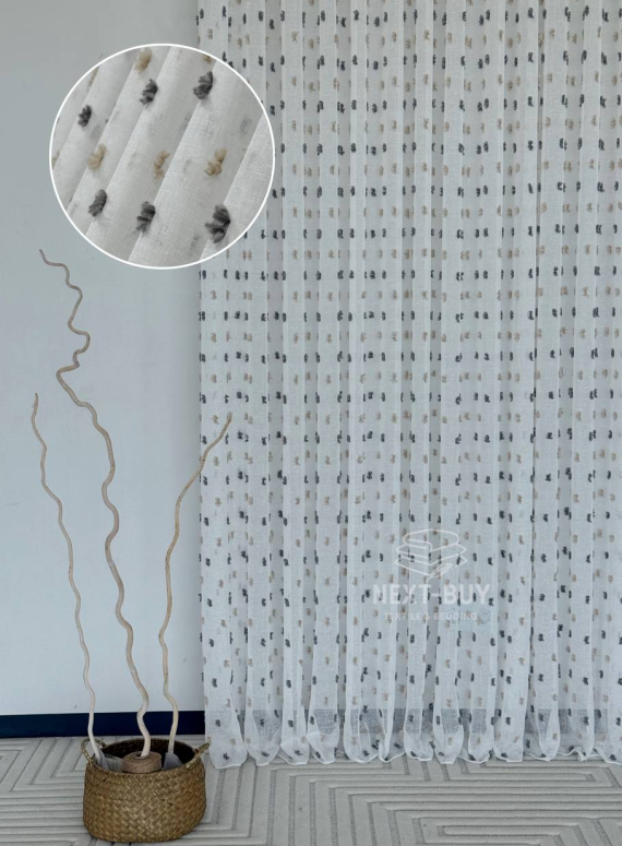 Тюль Linen Dots Harmony з 3D помпонами Anthracite & Beige – Туреччина