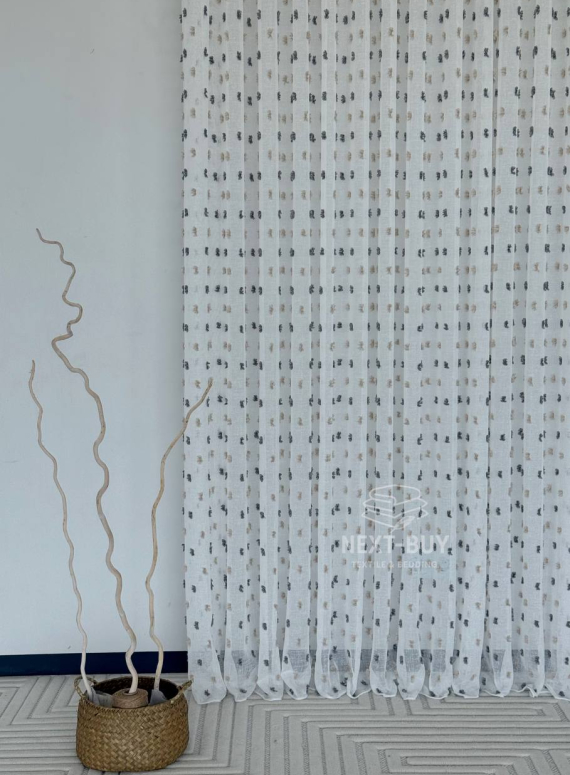Тюль Linen Dots Harmony з 3D помпонами Anthracite & Beige – Туреччина
