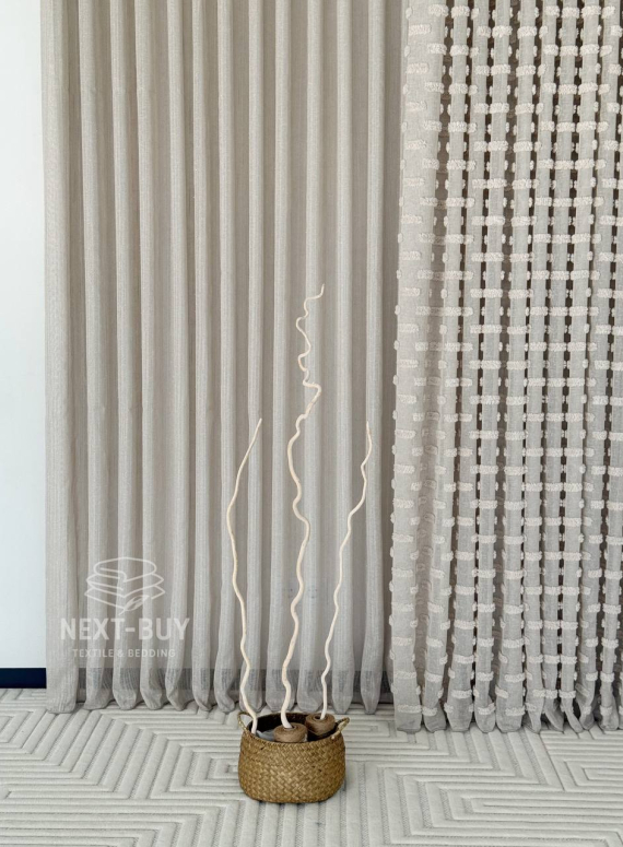 Тюль бежевий льон з 3D м’якими помпонами Linen Bej Boho Chic Туреччина