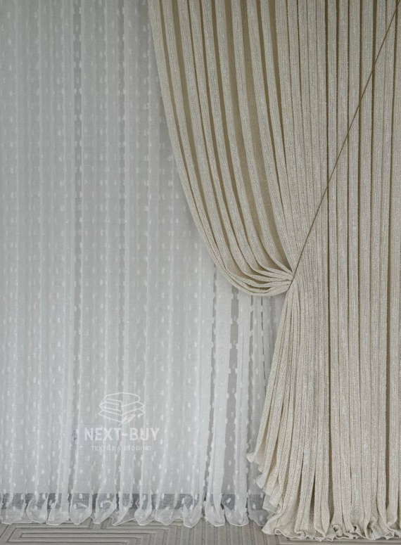 Тюль білий льон з 3D помпонами Linen Pom Veil Туреччина