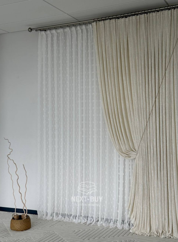 Тюль білий льон з 3D помпонами Linen Pom Veil Туреччина