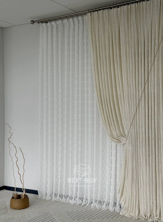 Тюль білий льон з 3D помпонами Linen Pom Veil Туреччина