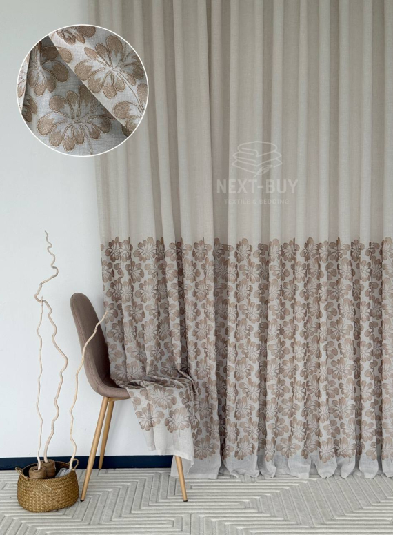 Тюль льон з квітковою вишивкою Amelia Coffee Bloom Італія