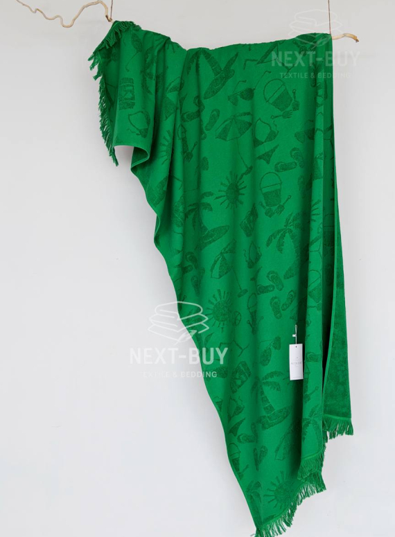 Пляжное полотенце MIAMI Green Maison D’or 100×200 см 100% хлопок махра, зелёный, жаккард, с бахромой, premium Турция