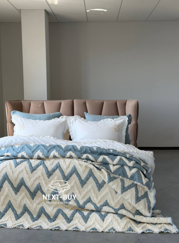 Двустороннее муслиновое покрывало Saheser Loren Blue 240×260 см + наволочки | 100% хлопок, жаккард, Турция