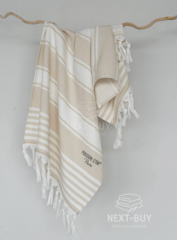 Жаккардовий рушник з бахромою Maison D’or PRIMAVERA Beach Towel Beige White 50×100 см | 100% бавовна, махра + жаккард
