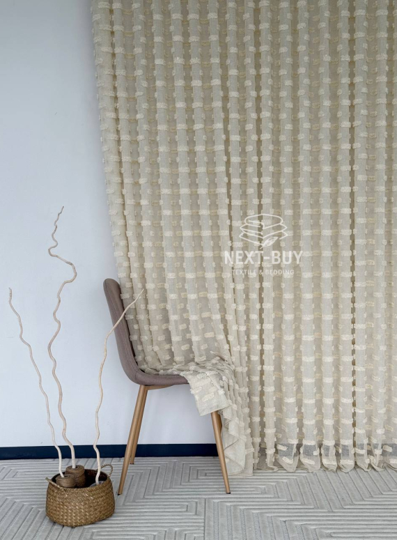 Тюль бежевий льон з 3D-ефектом м’якими помпонами Linen Dot Harmony Туреччина