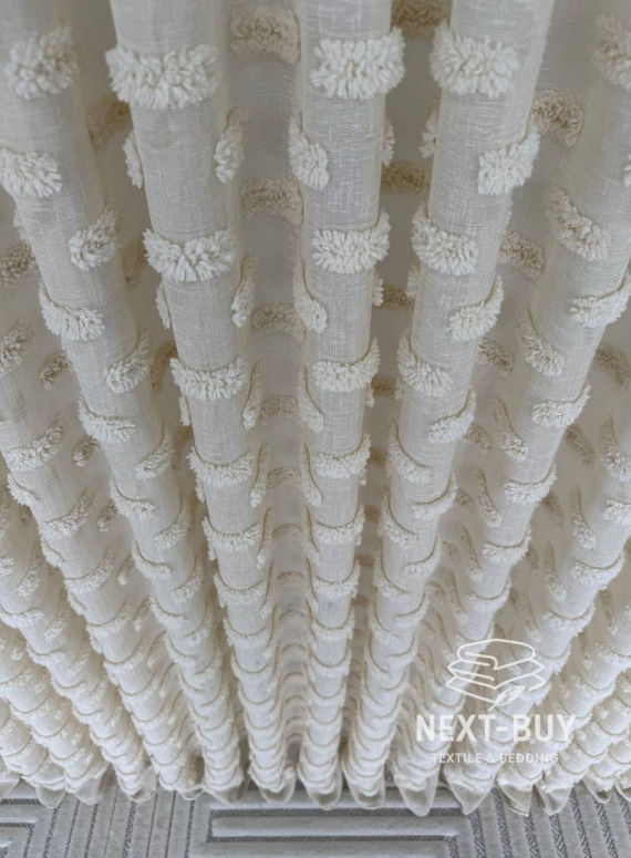 Тюль бежевий льон з 3D-ефектом м’якими помпонами Linen Dot Harmony Туреччина