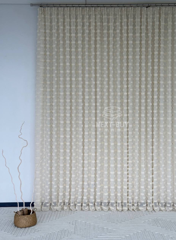 Тюль бежевий льон з 3D-ефектом м’якими помпонами Linen Dot Harmony Туреччина