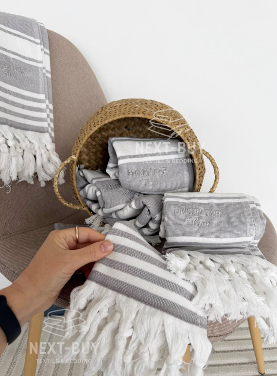 Рушник-пештемаль Maison D’or Primavera Grey / White 40×70 см | 100% бавовна, махра + декоративне плетіння