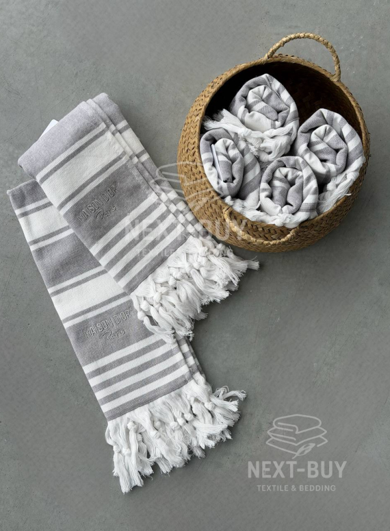 Рушник-пештемаль Maison D’or Primavera Grey / White 40×70 см | 100% бавовна, махра + декоративне плетіння