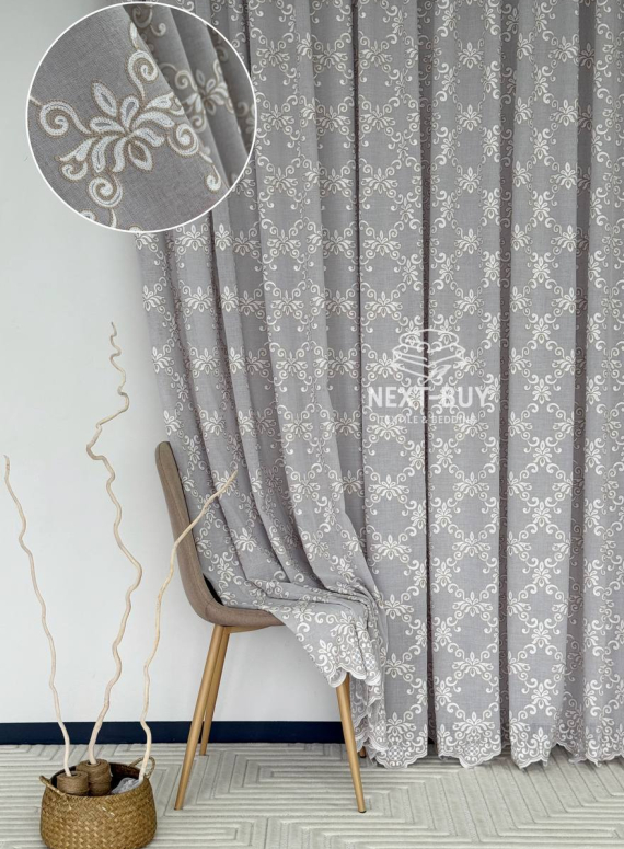 Тюль сірий льон з аплікацією Linen Grace Embroidery Grey-Beige Італія