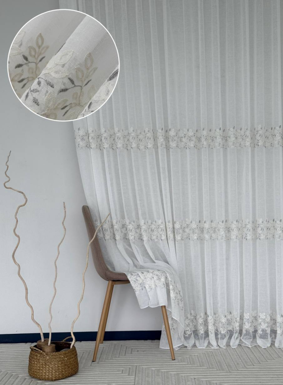 Тюль льон білий з рельєфною флористичною вишивкою Linen Elegance Natural White & Gray Туреччина