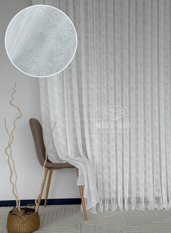 Тюль білий льон з вишивкою в листочки Linen Whisper White, Туреччина