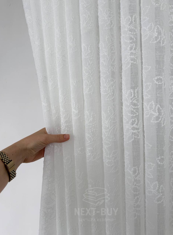 Тюль білий льон з вишивкою в листочки Linen Whisper White, Туреччина