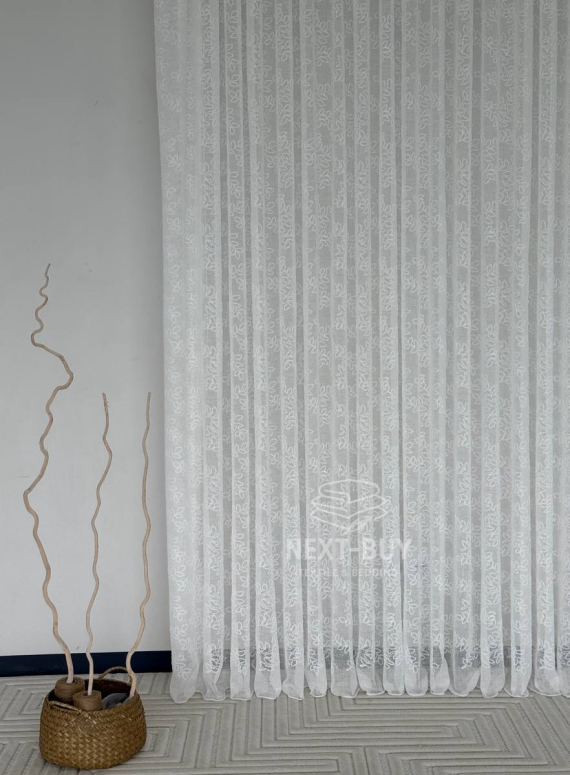 Тюль білий льон з вишивкою в листочки Linen Whisper White, Туреччина