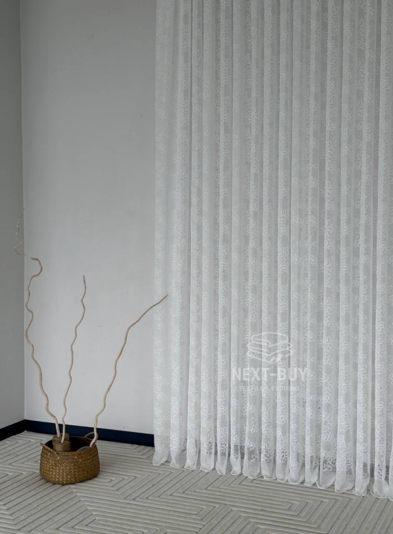 Тюль білий льон з вишивкою в листочки Linen Whisper White, Туреччина