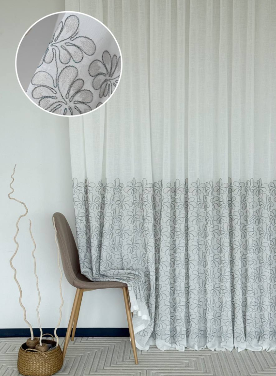 Тюль білий льон з квітковою вишивкою Linen Bloom Whisper – White & Beige with Turquoise Thread Італія