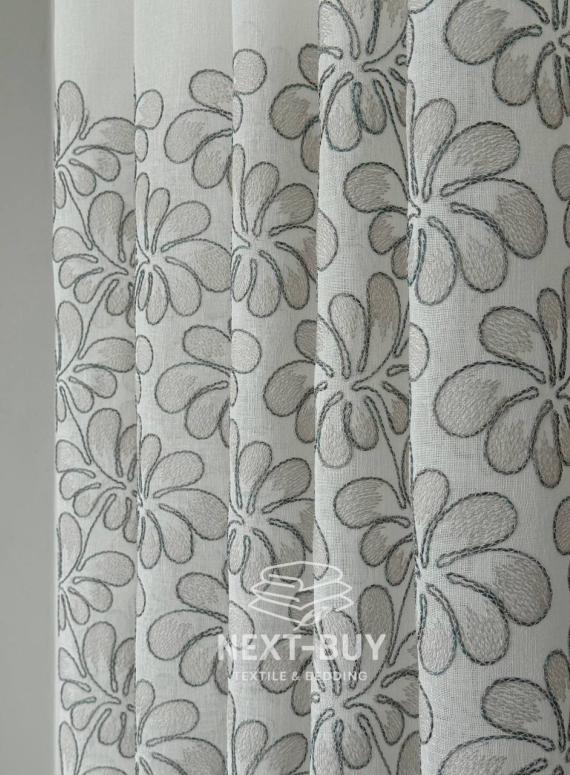 Тюль білий льон з квітковою вишивкою Linen Bloom Whisper – White & Beige with Turquoise Thread Італія