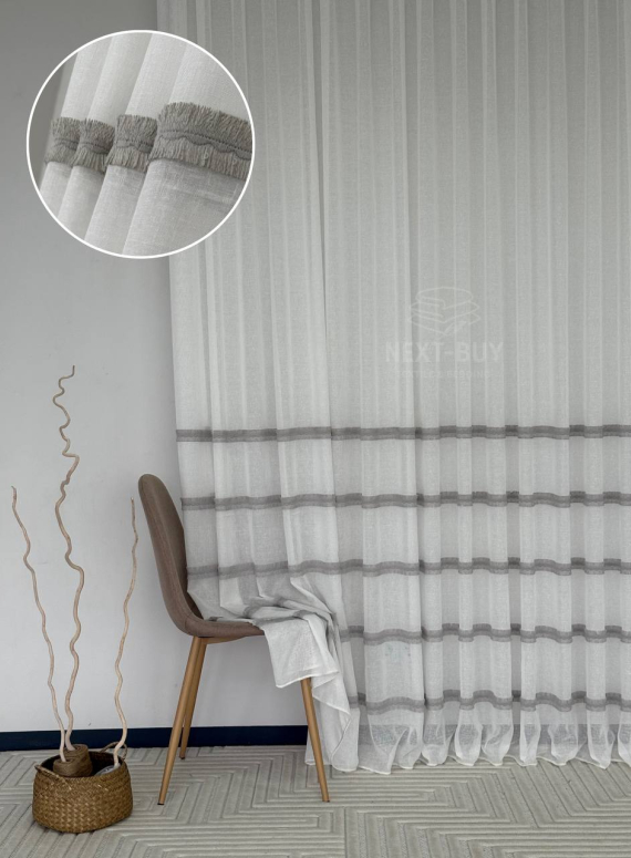 Тюль льон з сірою аплікацією у смужку Linen Grace Silver Lines, Італія