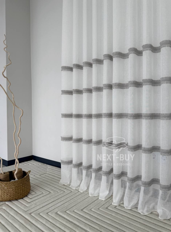 Тюль льон з сірою аплікацією у смужку Linen Grace Silver Lines, Італія