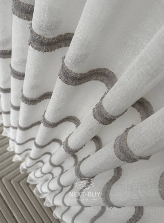 Тюль льон з сірою аплікацією у смужку Linen Grace Silver Lines, Італія