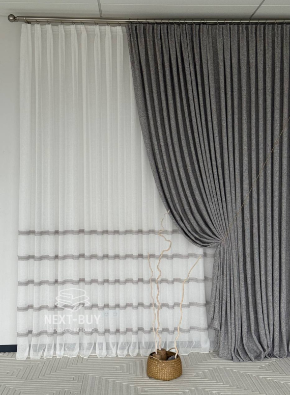 Тюль льон з сірою аплікацією у смужку Linen Grace Silver Lines, Італія