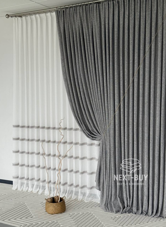 Тюль льон з сірою аплікацією у смужку Linen Grace Silver Lines, Італія