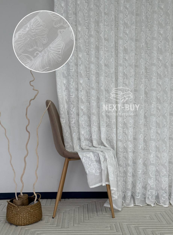 Тюль білий льон з квітковою вишивкою Bianca Fiora White Linen, Італія