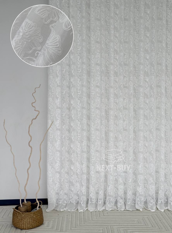 Тюль білий льон з квітковою вишивкою Bianca Fiora White Linen, Італія