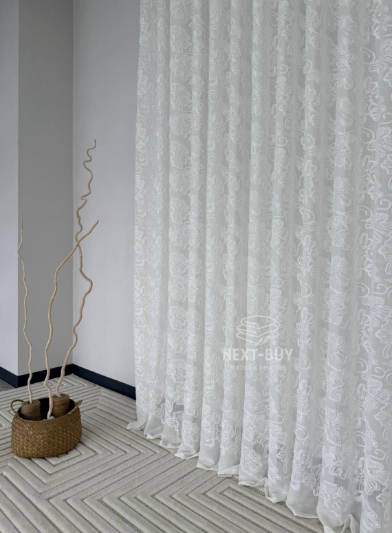 Тюль білий льон з квітковою вишивкою Bianca Fiora White Linen, Італія